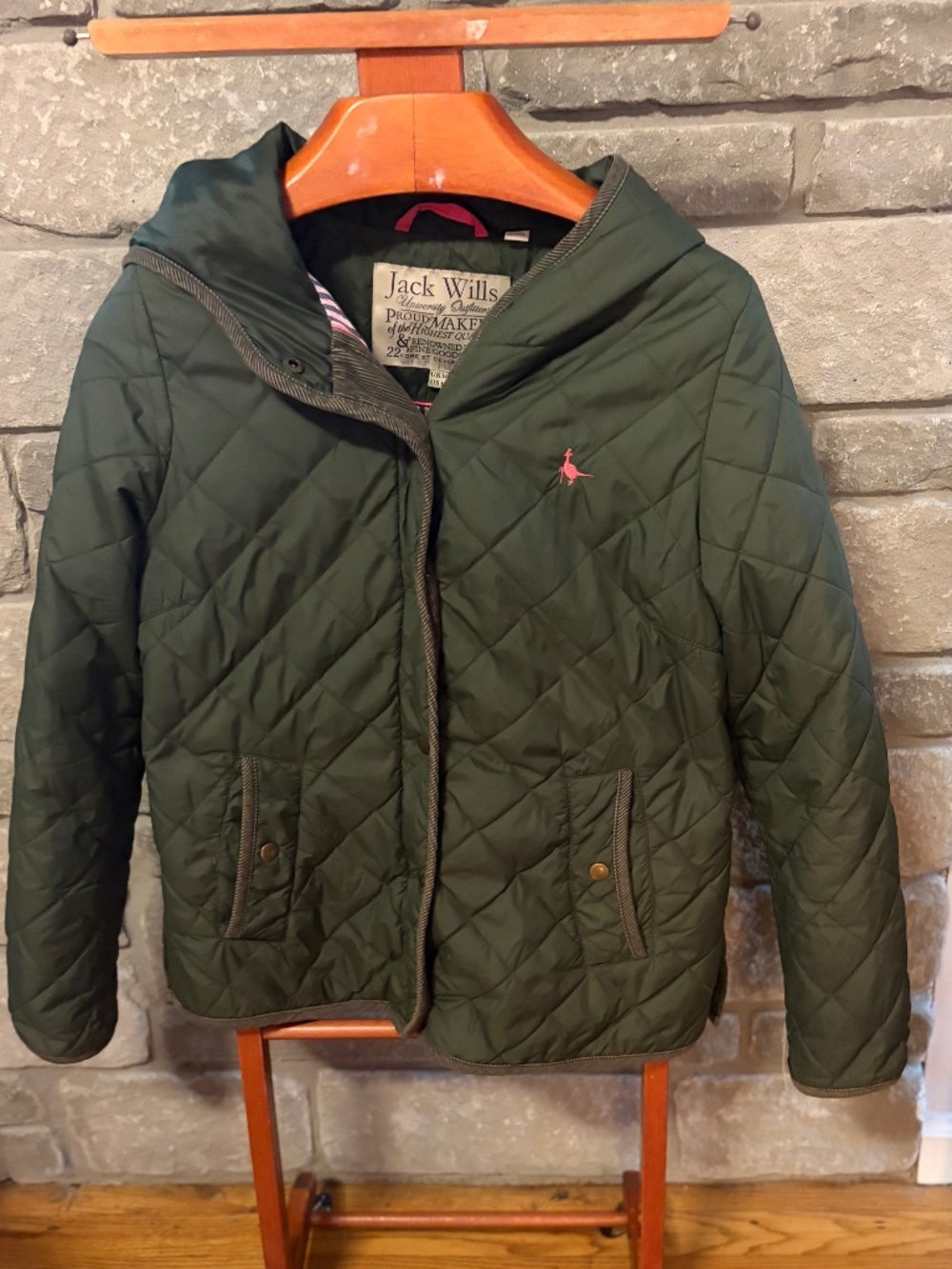 Jack Wills Quilted Hooded Forest  Green Corduroy Trim Pheasant US 10 UK 14